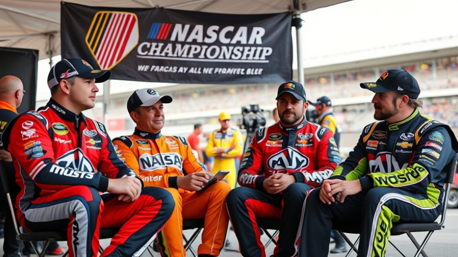 NASCAR drivers discussing at Championship Media Day under tent.