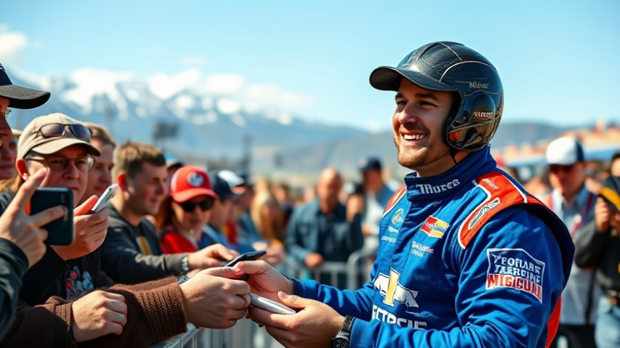 Denny Hamlin engaging with fans, outdoor event, bright sunlight.
