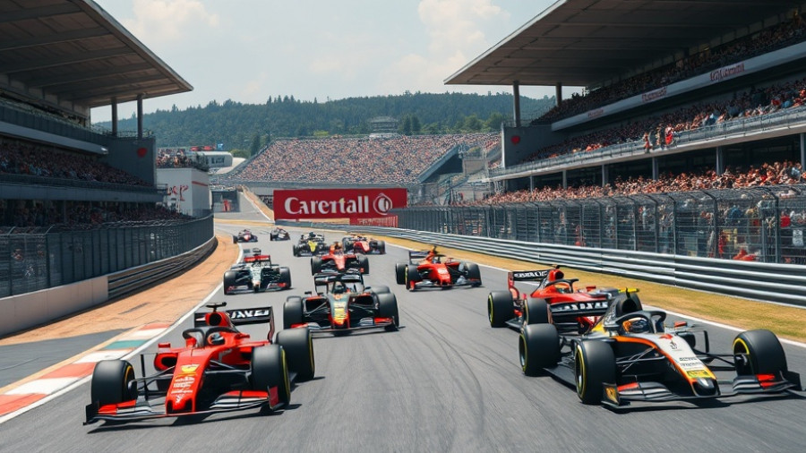 Exciting Formula One race with cars on track and large crowd.