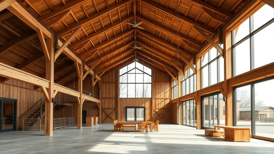 Modern barn interior architectural design with wooden beams