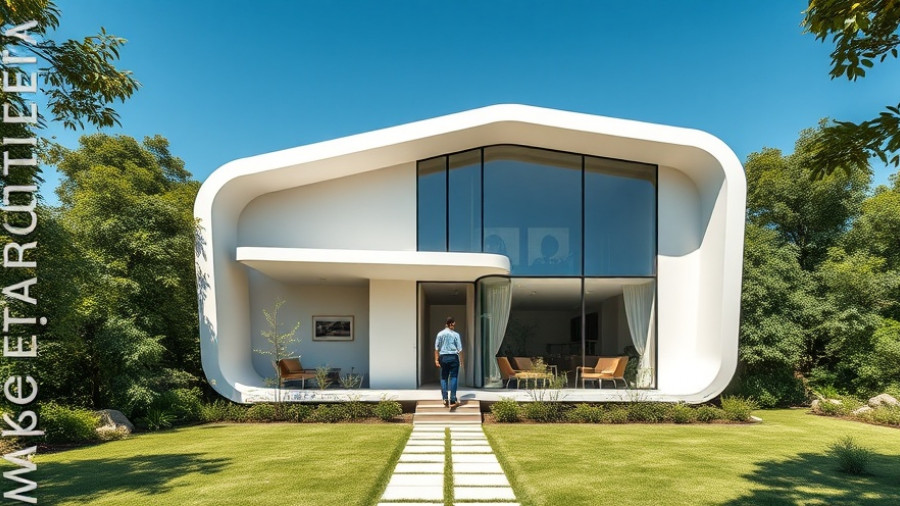 3D printed sustainable housing with greenery and blue sky