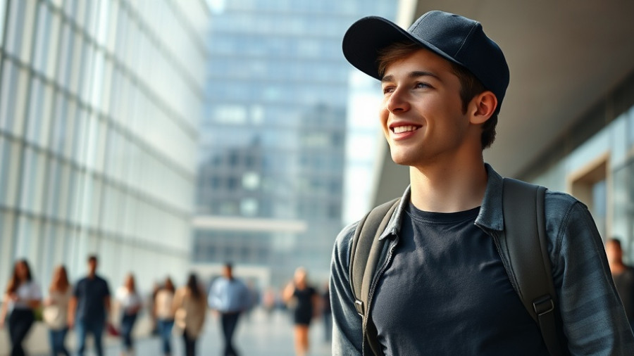 Lively man walking at Formula 1 event with modern backdrop