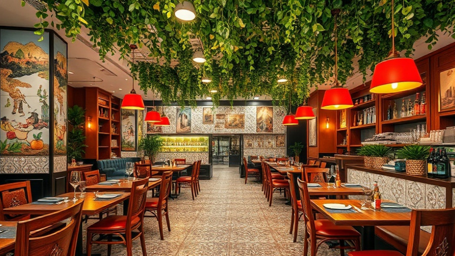 Vibrant Italian restaurant with ceramic tile design, lush greenery, and art.