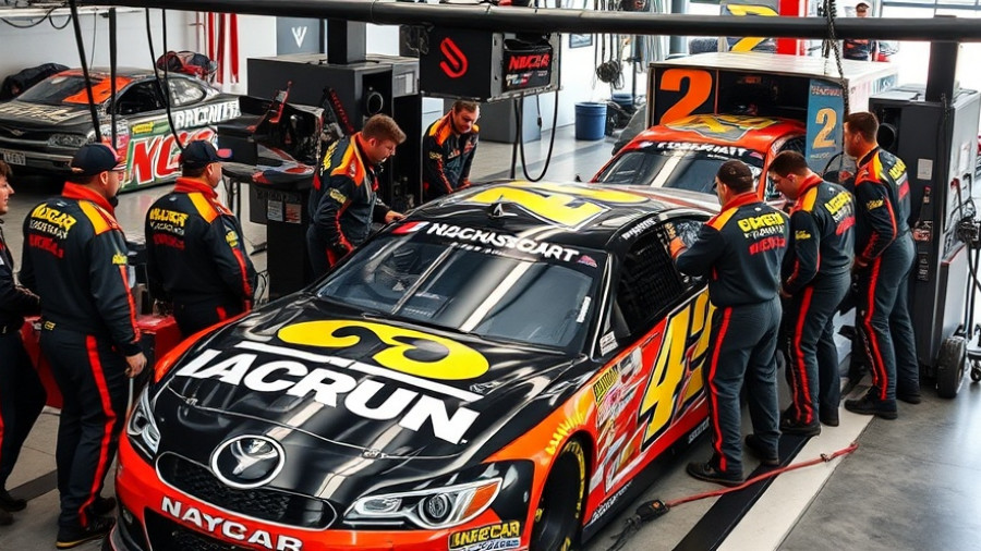 NASCAR car in the garage with pit crew addressing tire issues.