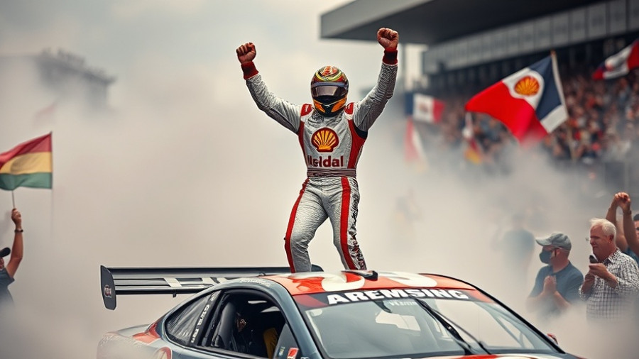 NASCAR Truck Championship celebration with winning driver and crowd.