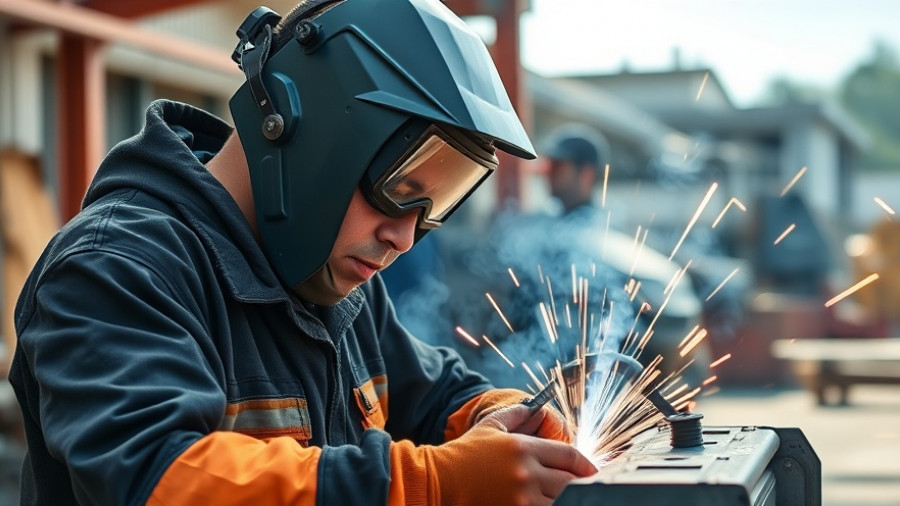 Welder using equipment, enhancing engine performance outdoors.
