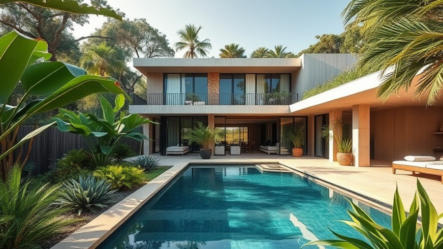 Biophilic architecture India: modern villa with lush greenery and pool.
