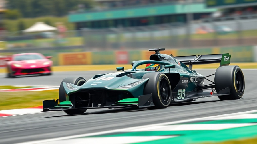 Aston Martin F1 car racing on track with vibrant backdrop.
