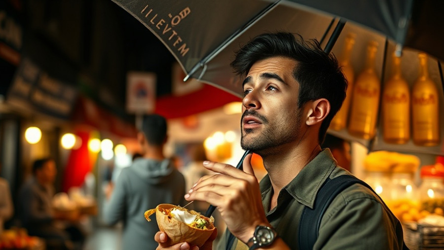 Young man enjoying food at Seoul Night Market, biting skewer.