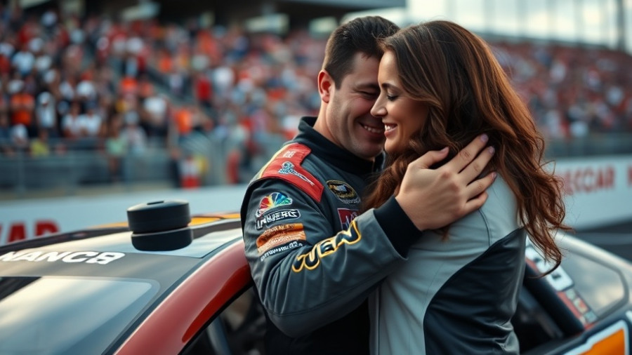 NASCAR championship driver embraces a woman at the racetrack.