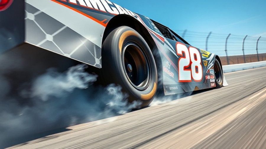 NASCAR car tire issues during a high-speed race with smoke.