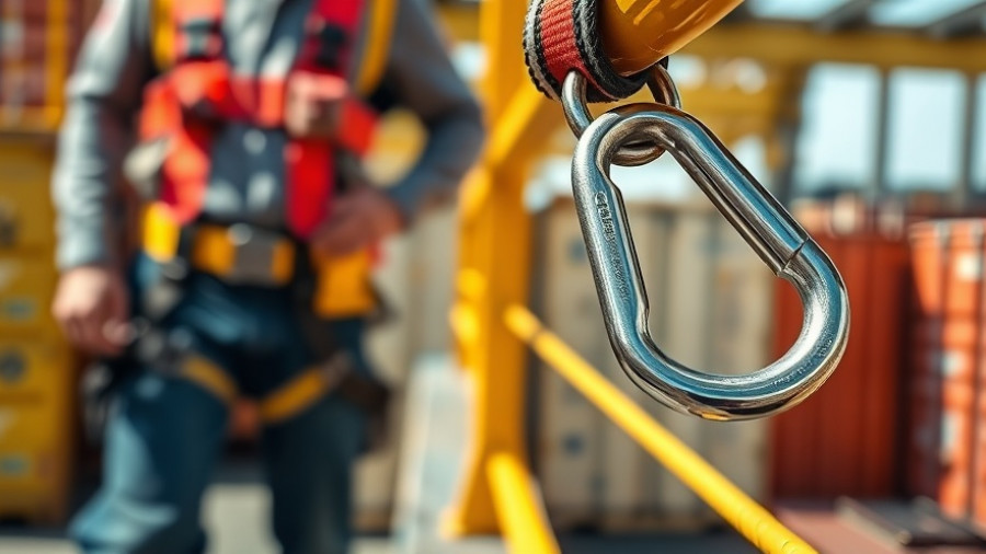 Safety harness carabiner safeguarding worker in industrial area.