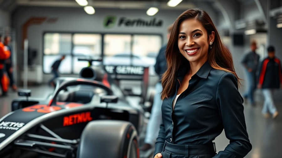 Formula 1 team member stands confidently beside race car.