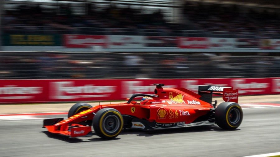 Ferrari F1 car speeding on track, showcasing dynamic motion.
