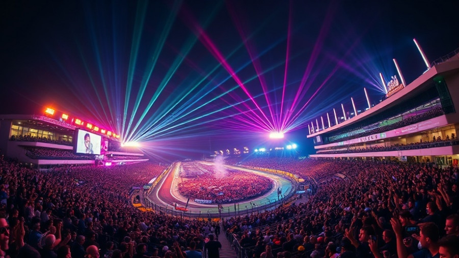 Las Vegas Grand Prix 2025 night race with colorful lights and lasers.