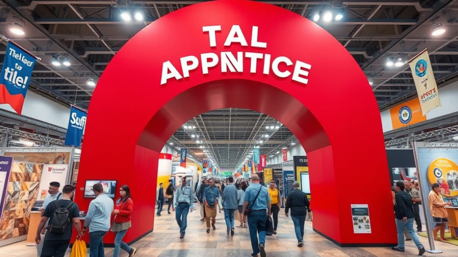 Entrance at Tile Apprentice Competition showcasing bustling event.
