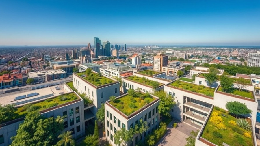 Aerial view of Oriente Green Campus with green roof and city backdrop.