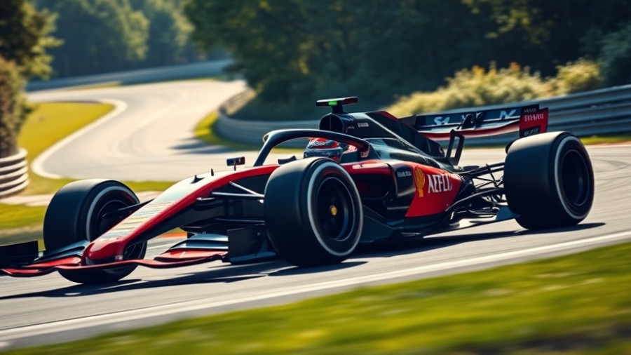 Formula 1 car on a track with greenery, highlighting sustainable fuels 2026.