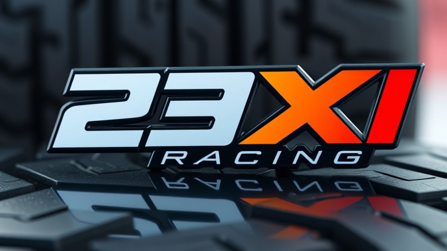 23XI Racing logo with reflective surface and tire backdrop, symbolizing NASCAR court ruling impact.