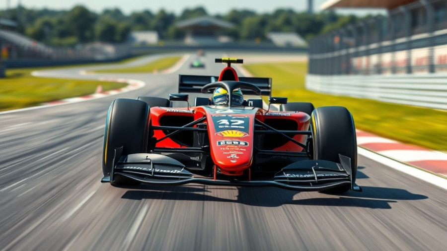 Formula One car racing at high speed on a track
