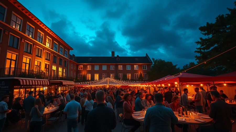 Evening outdoor gathering in front of illuminated building.