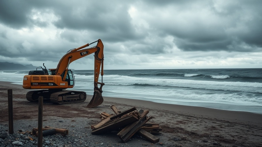 AI Disaster Response: Excavator on stormy beach during disaster cleanup.