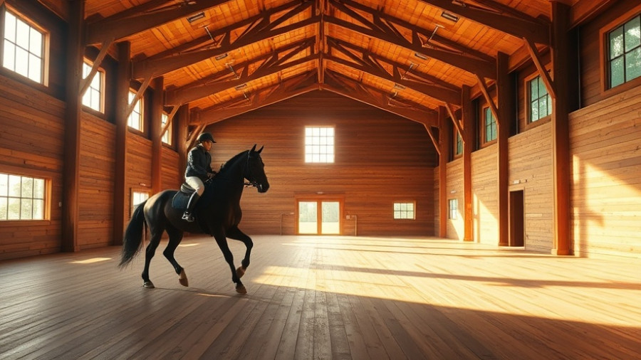 Spacious wooden indoor arena featuring equine architecture and a rider on a horse.