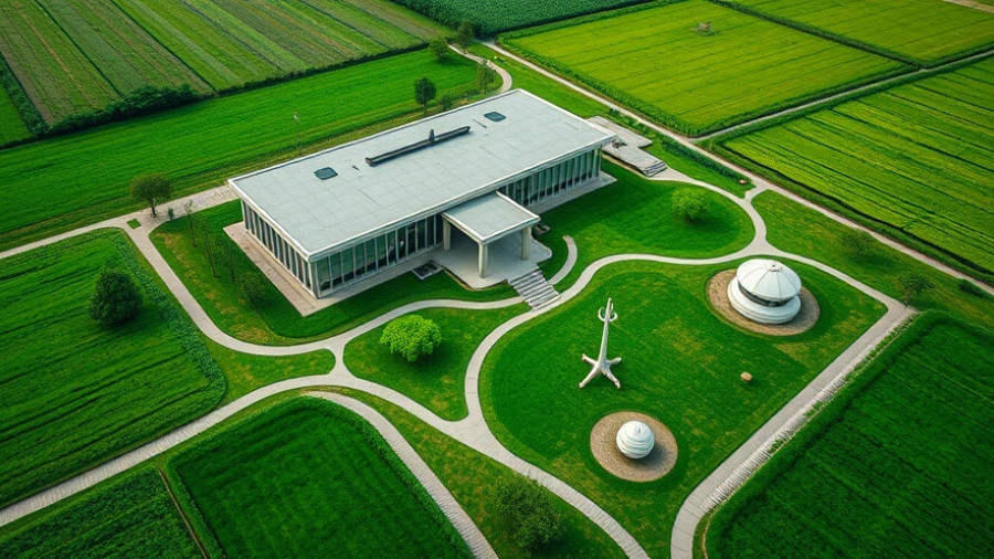 Aerial view of Doshi Retreat Vitra Campus with artistic landscape.