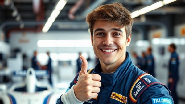 Excited racing driver celebrating Formula 1 pole position in garage.