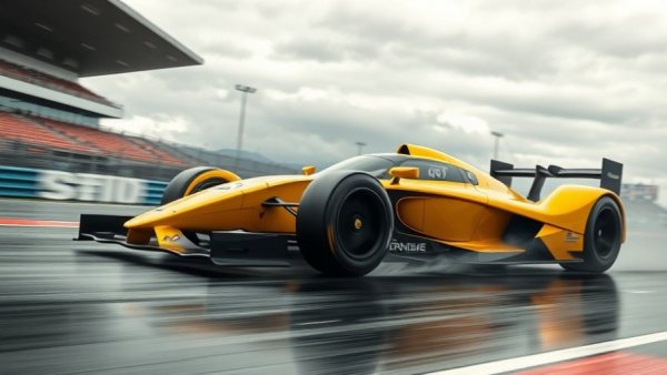 Dynamic yellow race car speeding on track