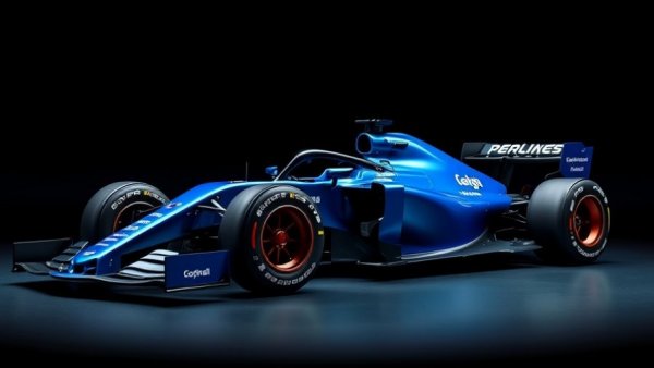 Sleek blue Formula One car in dark spotlight, showcasing team sponsors.