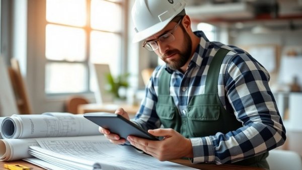 Construction worker using a tablet for streamlined permitting.