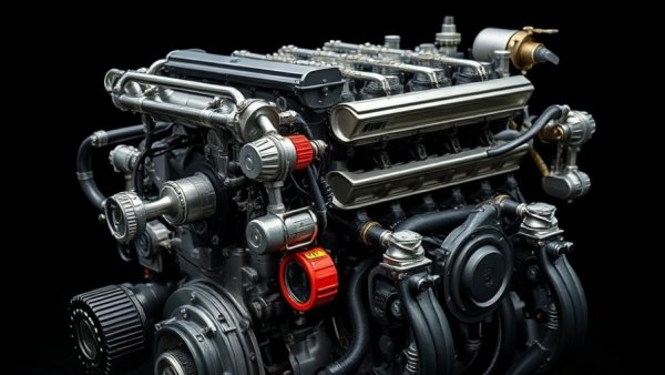 Intricate V8 engine, self-taught engine building, dark backdrop, detailed components