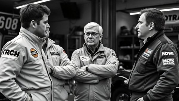 Vintage photo of men talking in racing garage, Peter Wright Formula 1 context.