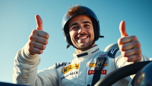 Race car driver smiling in Lamborghini suit, thumbs-up gesture