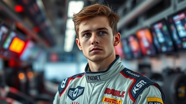Young Formula One driver in garage, contemplating lineup decisions.