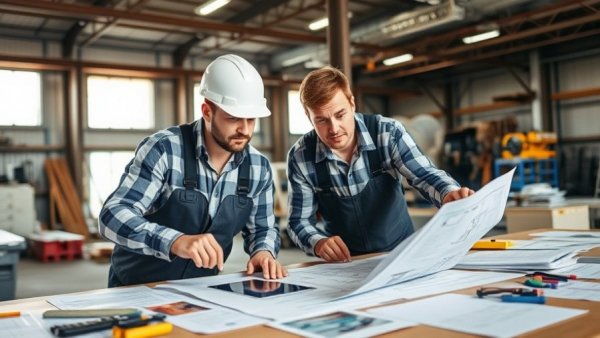 Construction professionals reviewing blueprints for CPM scheduling.