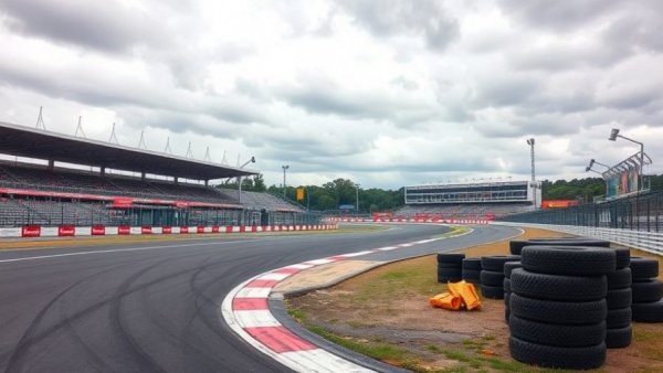 Empty racetrack at Sao Paulo Grand Prix under storm clouds.