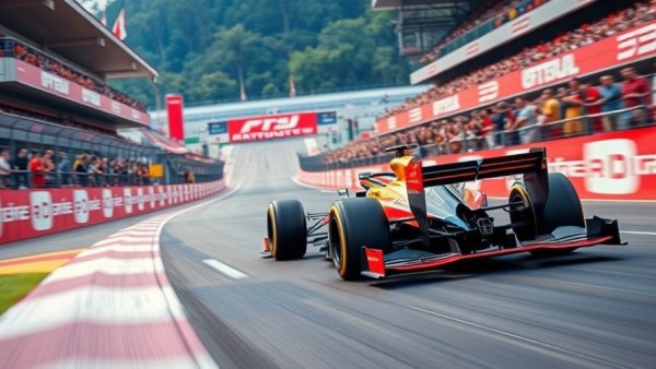 Formula one car speeding on racetrack during race event
