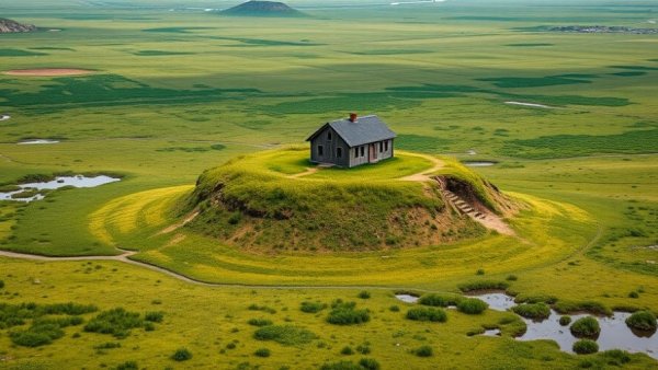 Isolated house in landscape showcasing architecture for climate displacement