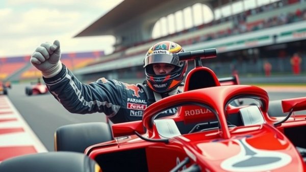 Formula 1 driver celebrates at Brazil GP near race car.