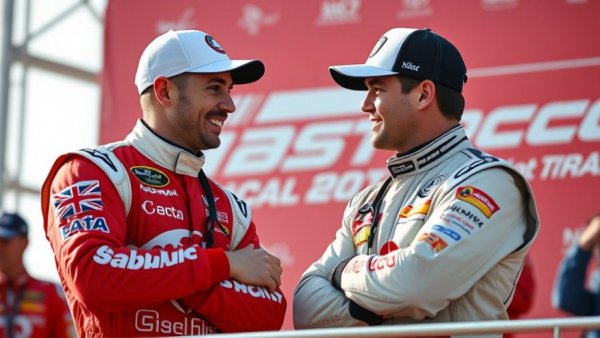 Formula One drivers discussing on podium with animated expressions.