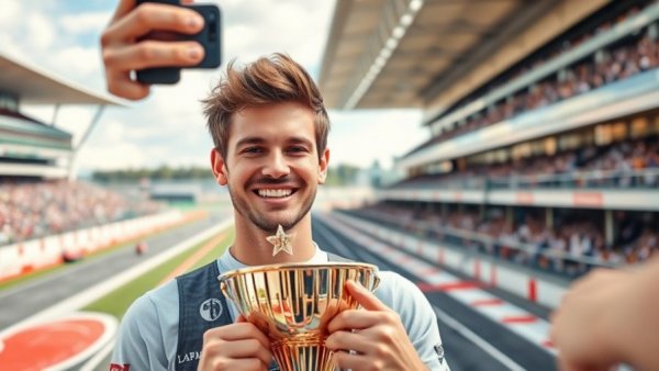 Formula One winner taking a selfie with a trophy at the racetrack.