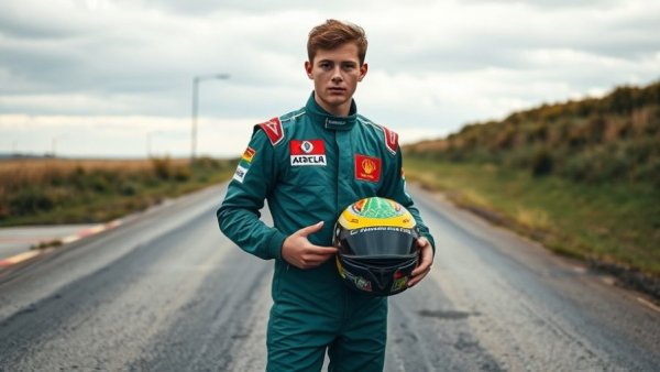 Young driver in green suit holding helmet on a tarmac road.