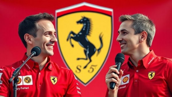 Formula One team members speaking at a racing event.