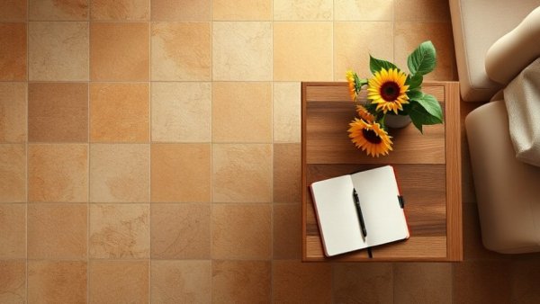 Stone Born Collection featuring warm-toned tiles and wooden table.