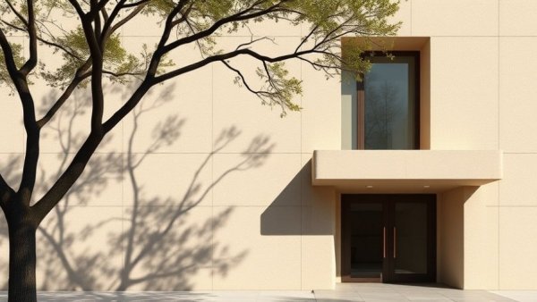 Beige architectural surfaces with tree shadow in minimalist design