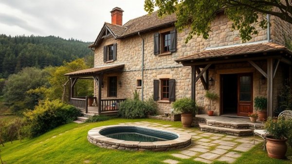 Mas Cadalt House architecture featuring rustic stone design and pool.