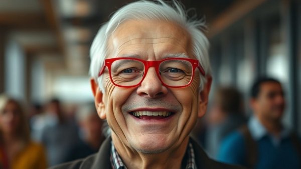Smiling older man with white hair wearing red glasses indoors