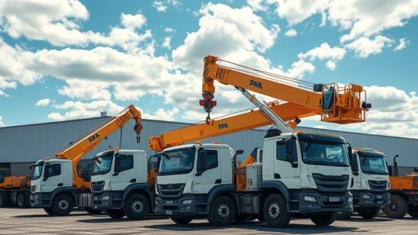 Industrial crane trucks at Palfinger Financial Services yard on a sunny day.